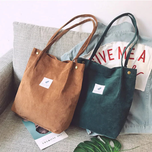 Women’s Cotton Corduroy Shoulder Tote Bag – Reusable Casual Eco Shopping Bag