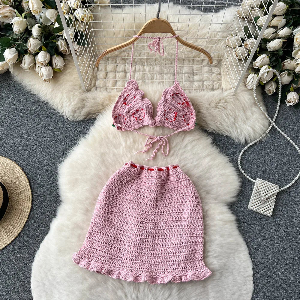 Summer Crochet Set with Strawberry Details – Strap Top + Mini Skirt