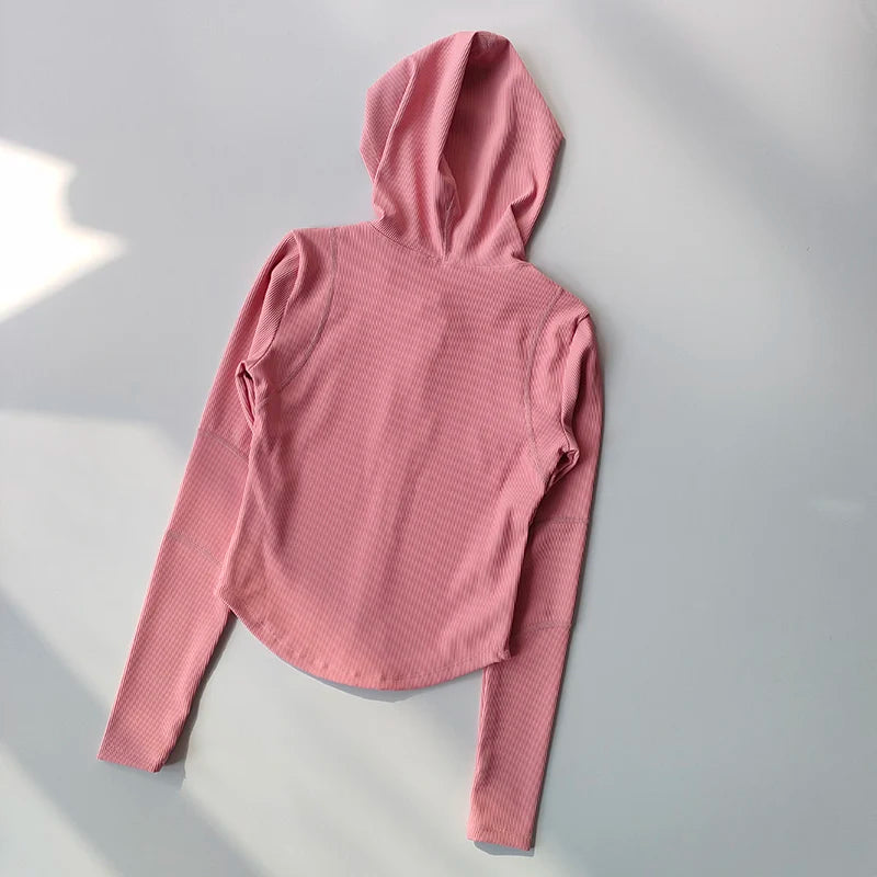 Women’s Slim Fit Hooded Jacket – Long Sleeve Sports Coat with Thumb Holes