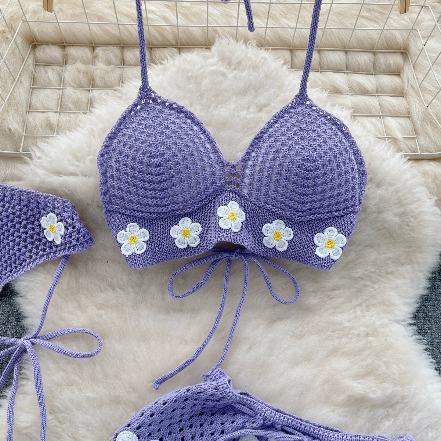 Korean Style Hollow Crochet 2-Piece Set – Halter Tie Front Top + Drawstring Split Mini Skirt with Flowers