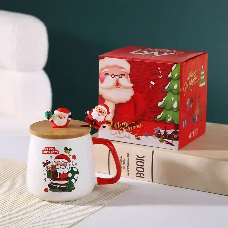 Christmas Ceramic Mug Set with Lid & Spoon – Holiday Edition