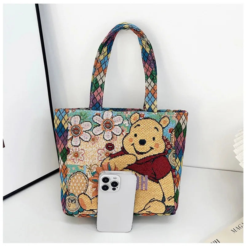 Retro Cartoon Canvas Shoulder Bag – Mickey, Minnie & Pooh Stylish Tote for Shopping & Daily Use