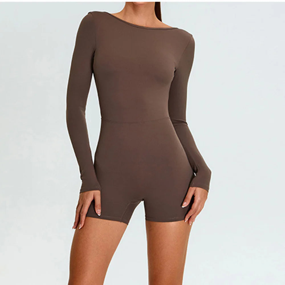 Women's Long Sleeve Backless Yoga Jumpsuit – Elegant Fitted Bodysuit