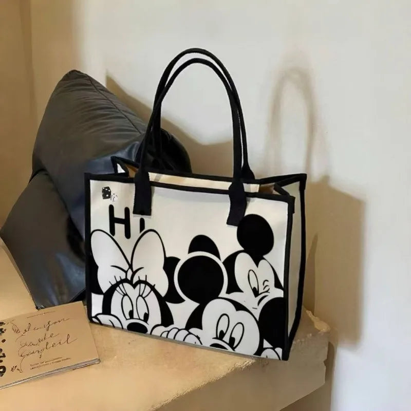 Disney Mickey & Minnie Canvas Tote – Large Capacity Graffiti Style Shoulder Bag for Daily & Student Use