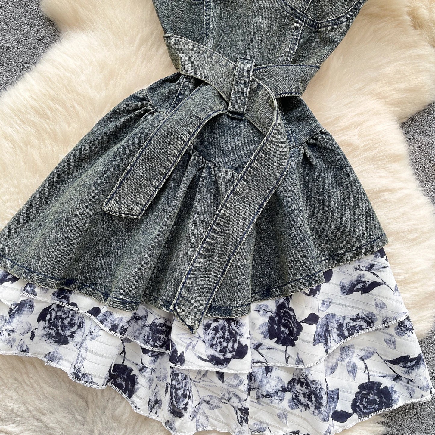 Denim & Floral Splice Sleeveless Sundress with Belt