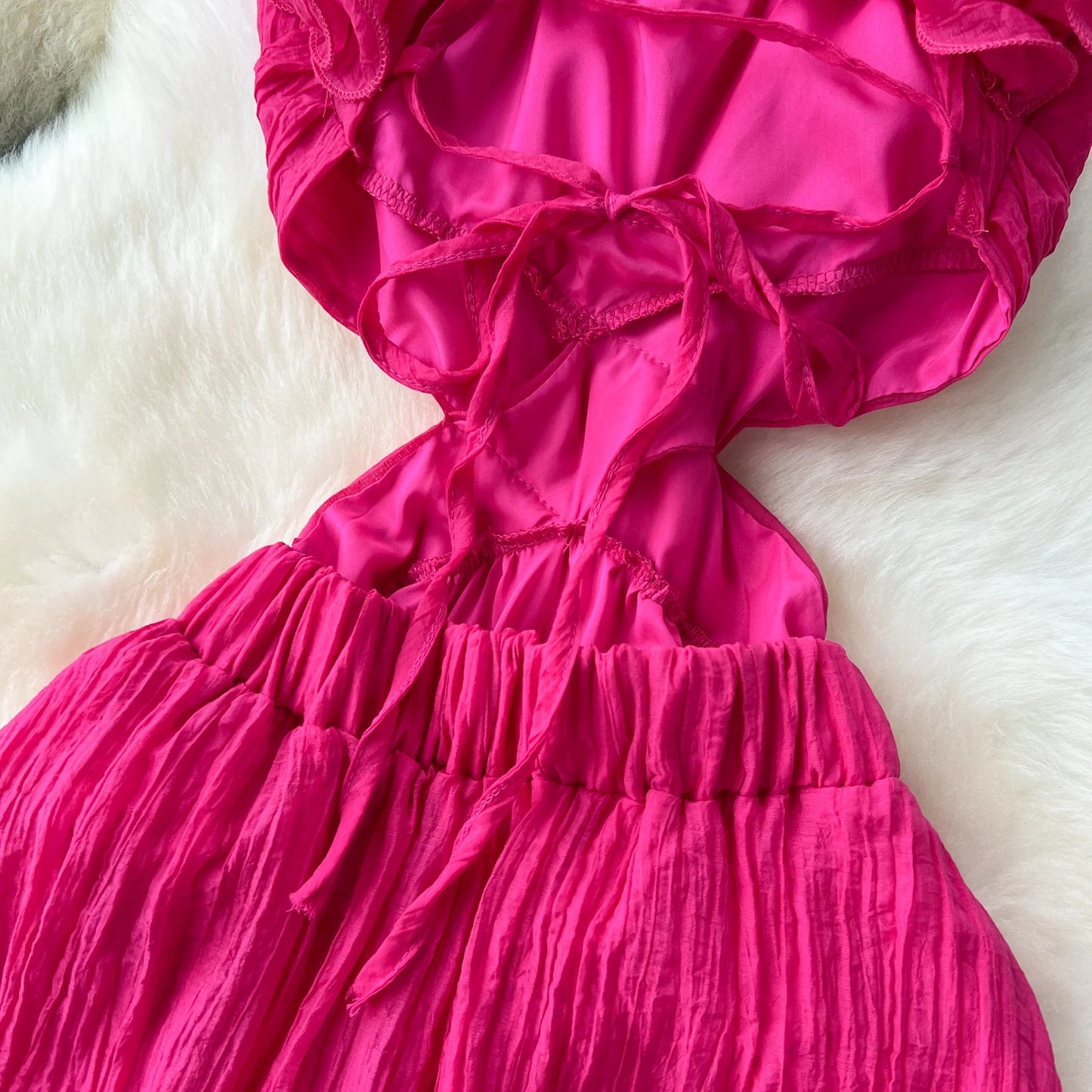 3D Floral Hollow Out Pleated Maxi Dress – Backless Vacation Beach Party Dress