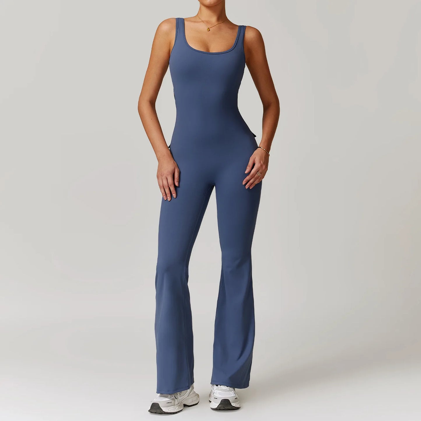 Women's V-Back Pocket Jumpsuit – Flared Leg Fitness Bodysuit