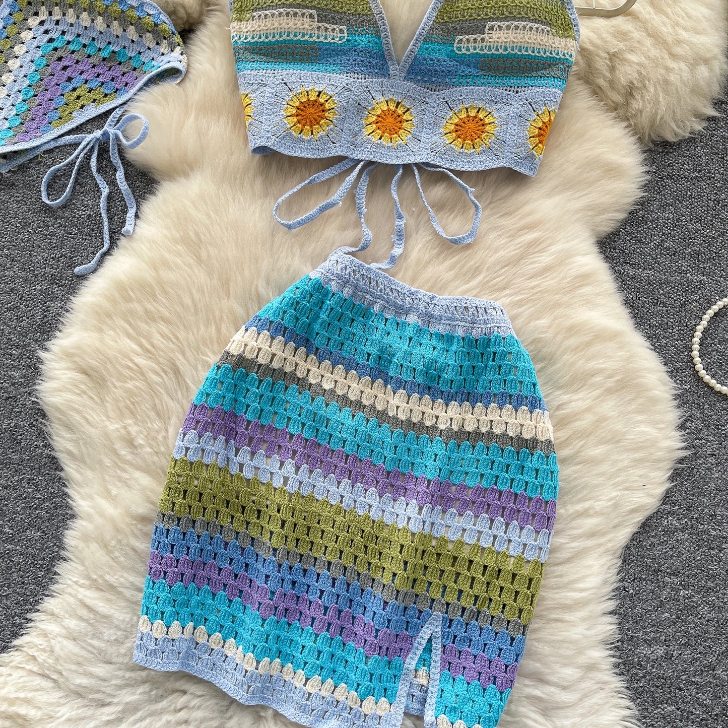 Bohemian Crochet 3-Piece Set – Colorful Halter Top + Mini Skirt + Shorts