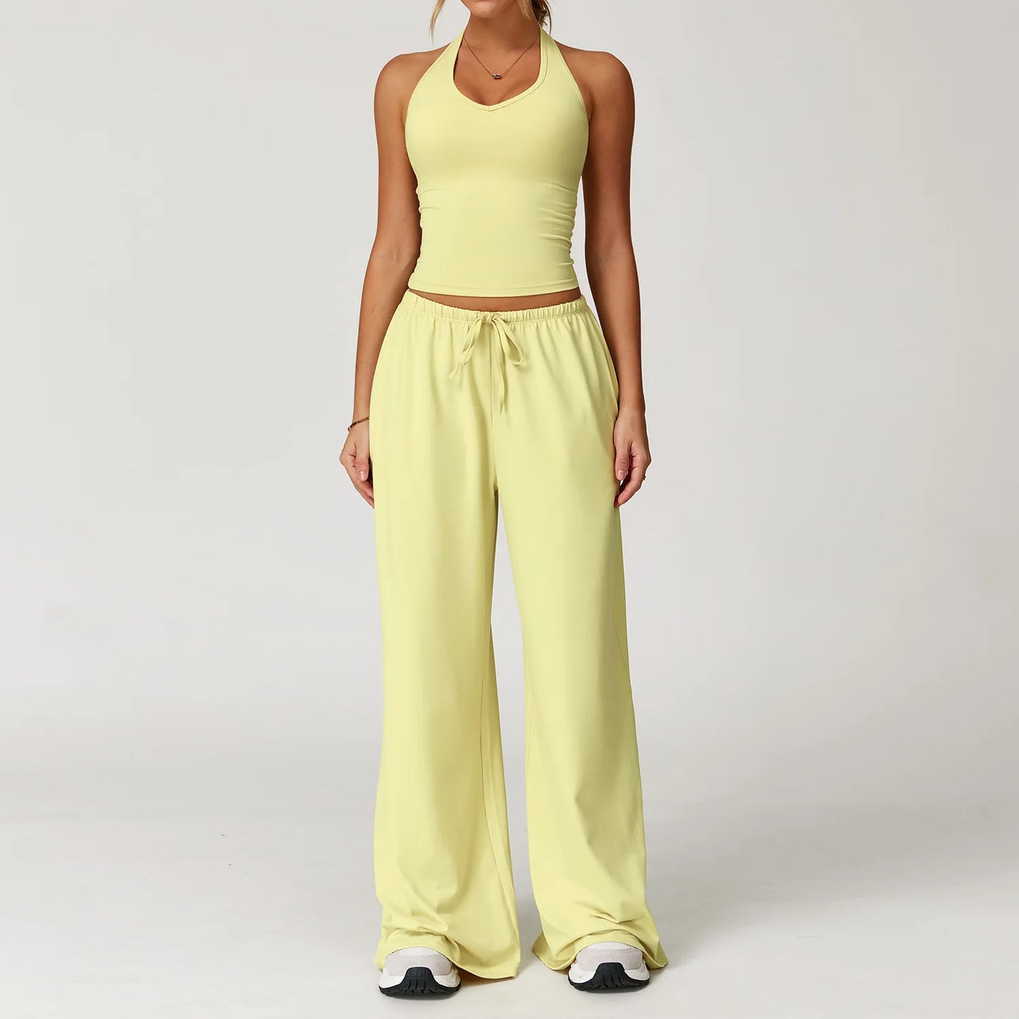 2PCS Women's Yoga Set – Strappy Top with High-Waisted Wide-Leg Pants