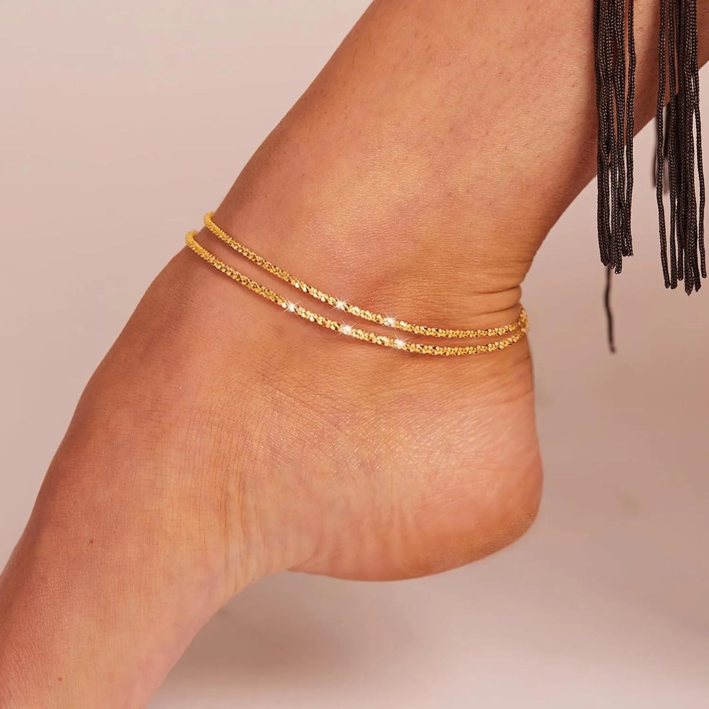 Double-Layer Beaded Anklet – Gold & Silver