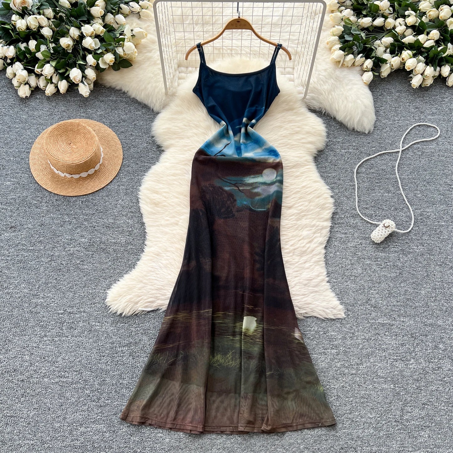 French Print Fishtail Sheath Dress with Spaghetti Straps