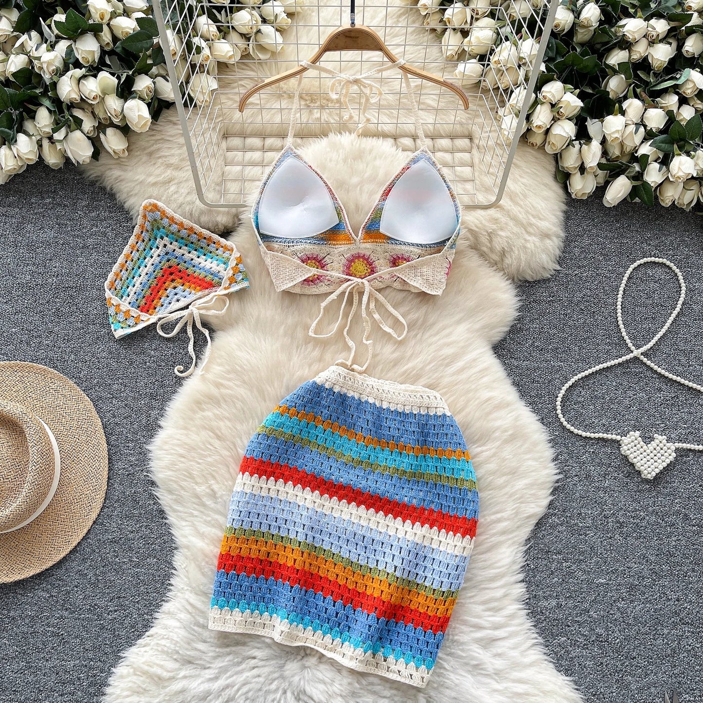 Bohemian Crochet 3-Piece Set – Colorful Halter Top + Mini Skirt + Shorts