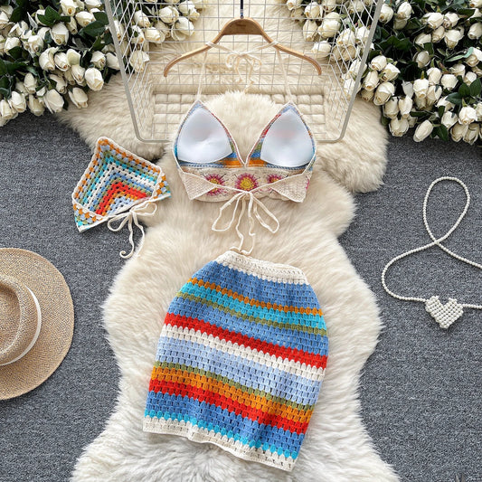 Bohemian Crochet 3-Piece Set – Colorful Halter Top + Mini Skirt + Shorts