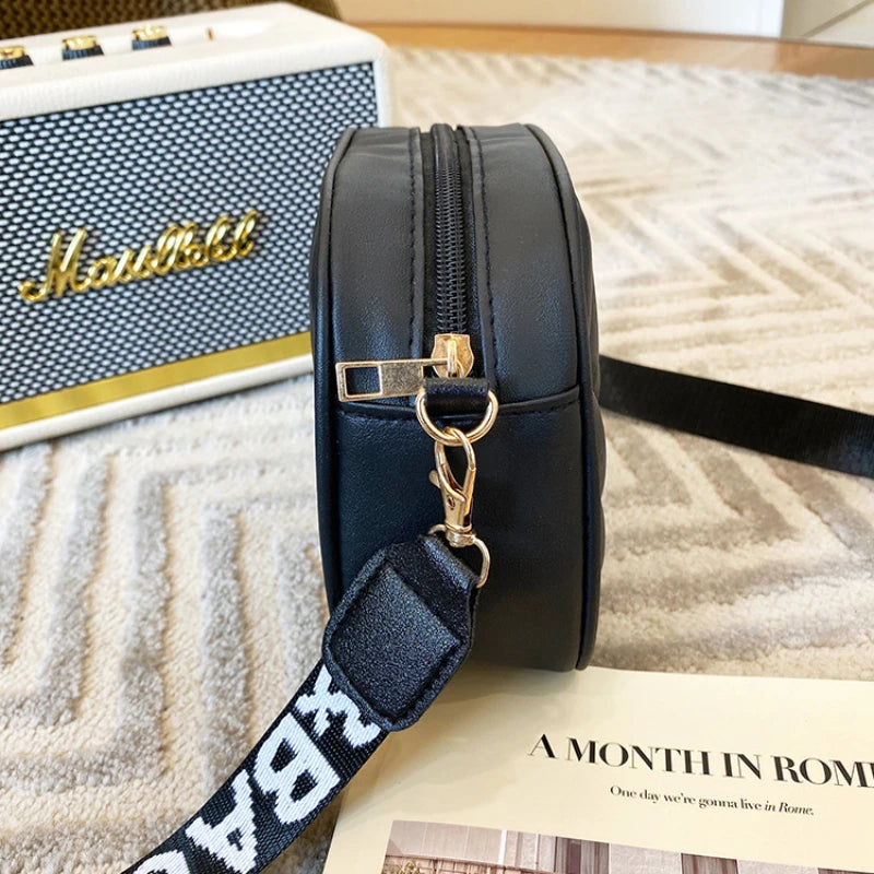 Small Crossbody Bag for Women – PU Leather Zipper Purse with Printed Strap