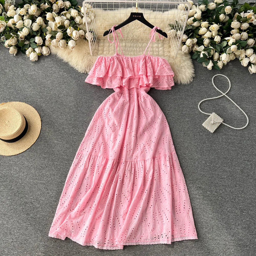 High Street Cotton Embroidery Off-Shoulder Backless Beach Dress – Long Summer Sundress