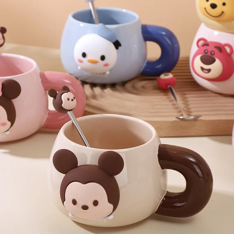 Disney Ceramic Mug with Lid & Spoon – Cute Mickey, Minnie & Lotso Design