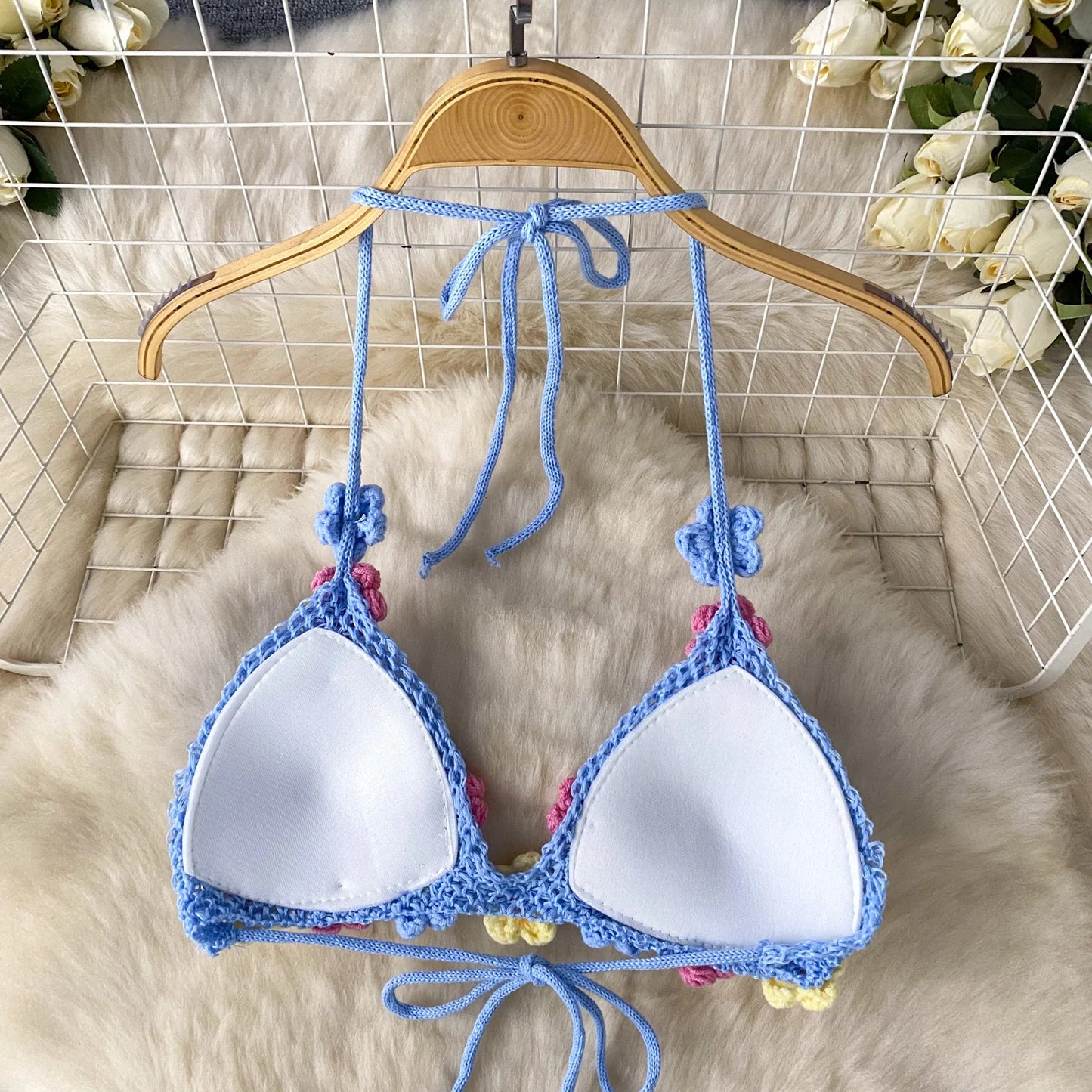 3D Floral Crochet Summer Set – Halter Bra Top + Wide-Leg Shorts