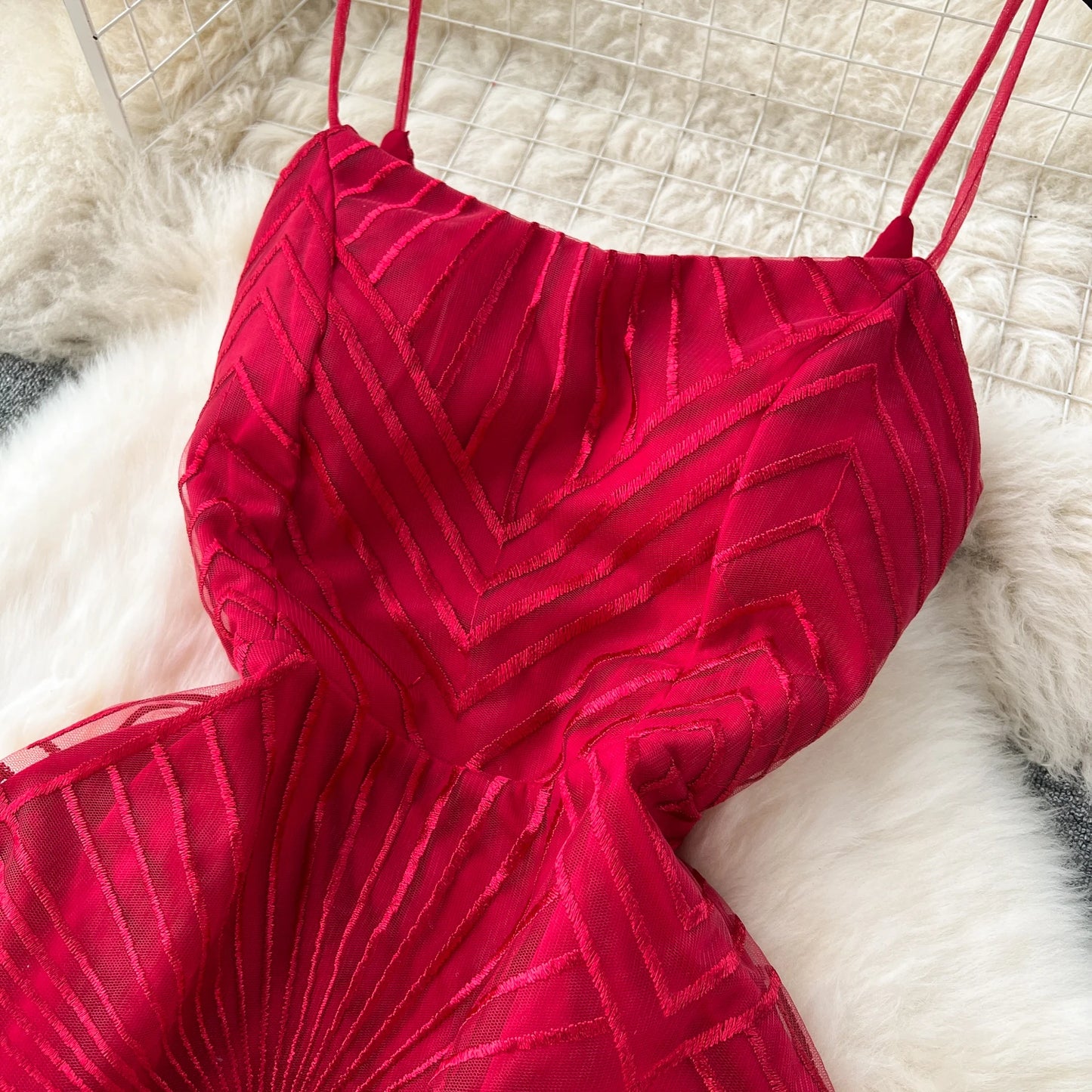 Luxury Mesh Party Dress – Embroidered Spaghetti Strap Gown