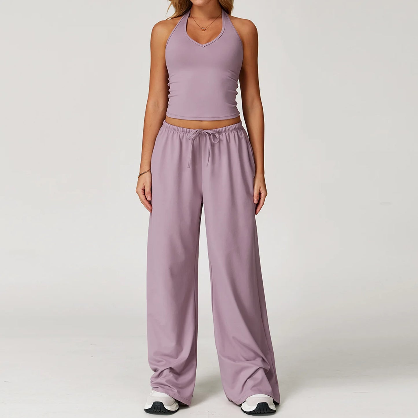 2PCS Women's Yoga Set – Strappy Top with High-Waisted Wide-Leg Pants