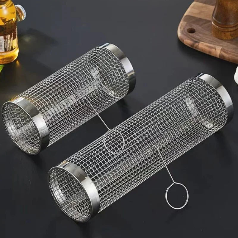 Rotating Stainless Steel BBQ Basket – Mesh Grill Cage for Vegetables, Meat & Fish