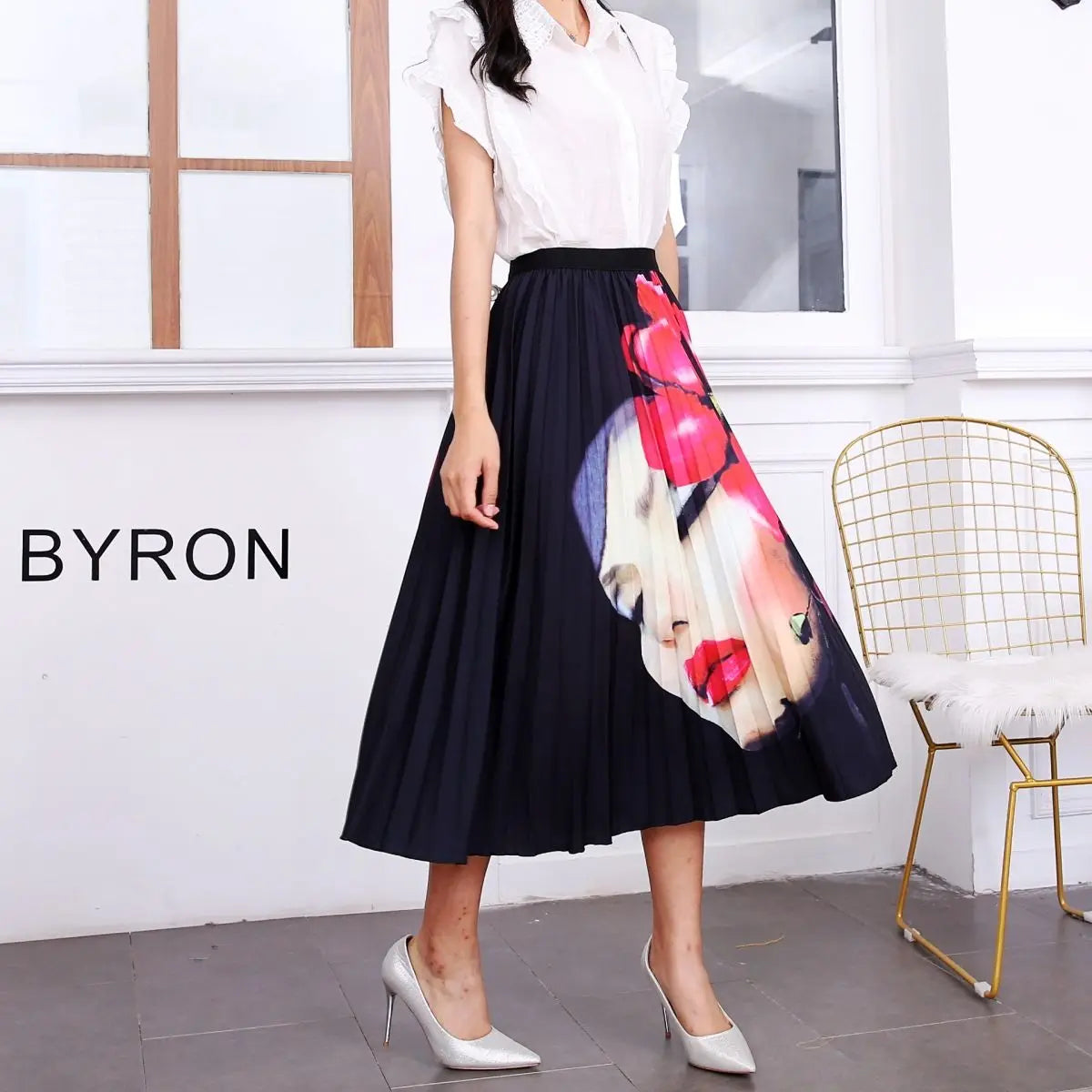 Women’s Cartoon Print Pleated Skirt – High Waist Big Swing Skirt