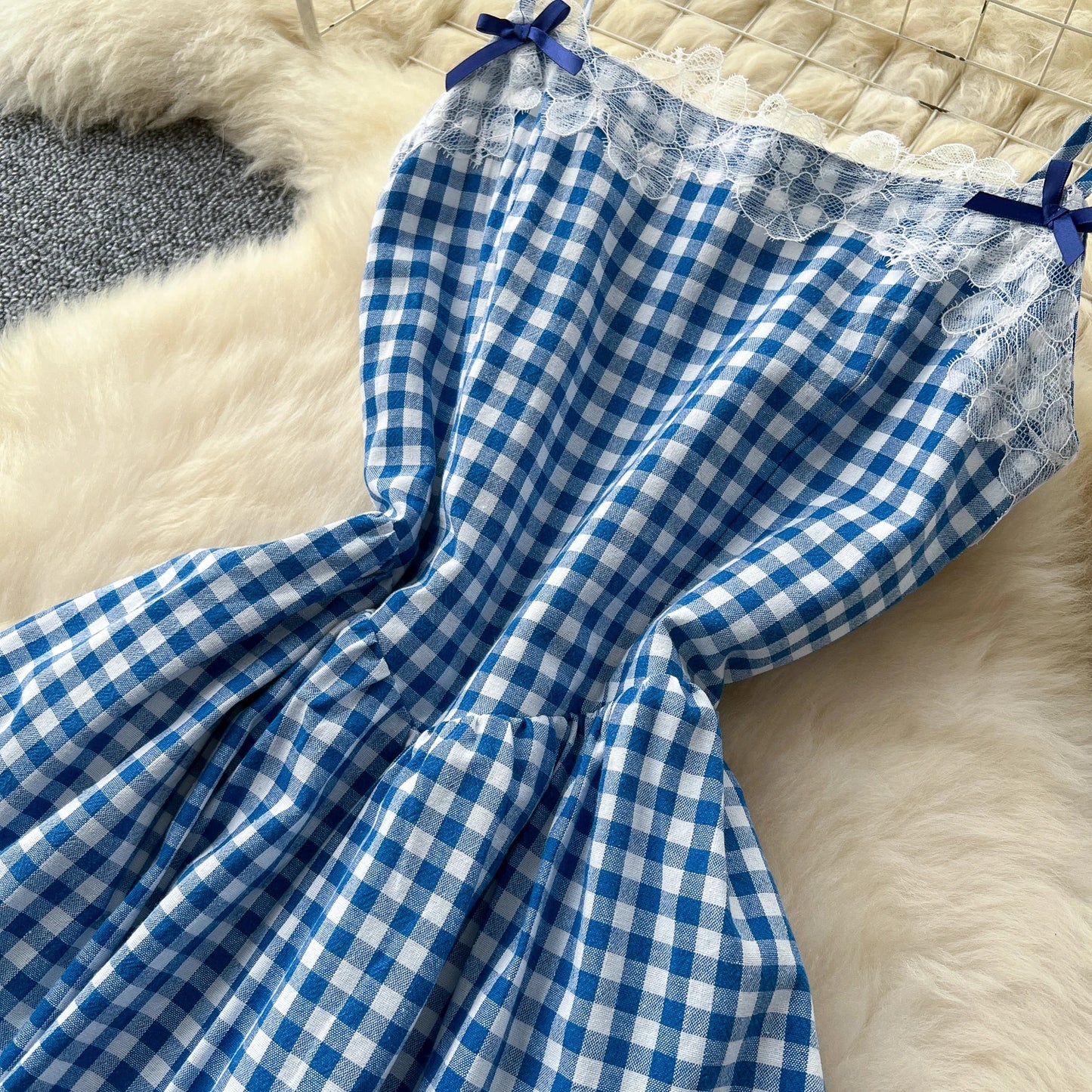 Blue Plaid Lace-Trim Vintage Sundress