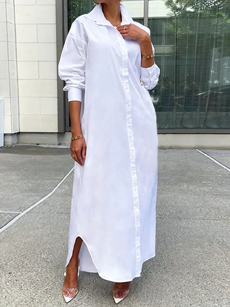 Long Shirt Dress with Lapel Collar