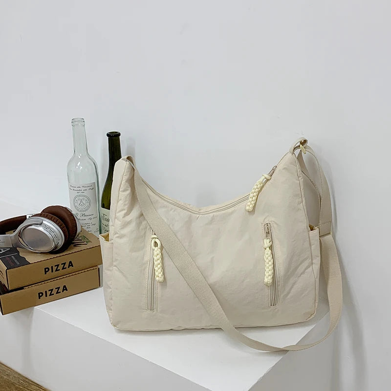 Trendy Women’s Large Crossbody Fabric Bag – Solid Color Student Style Shoulder Tote