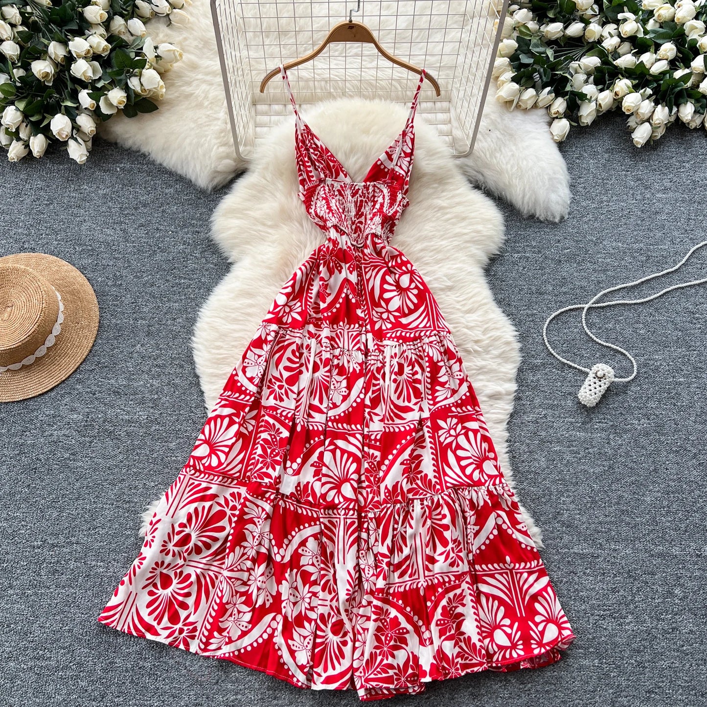 Vintage Print V-Neck Pleated Swing Dress