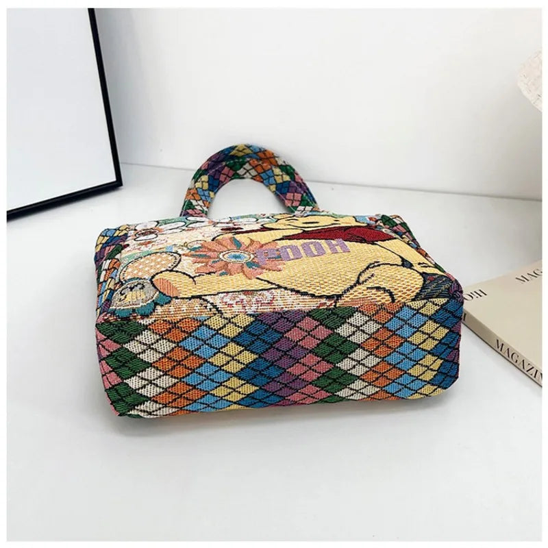 Retro Cartoon Canvas Shoulder Bag – Mickey, Minnie & Pooh Stylish Tote for Shopping & Daily Use