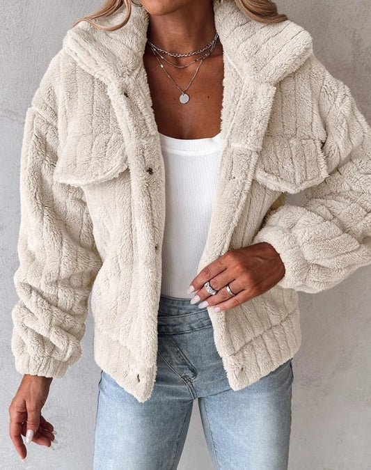 Checkered Fleece Button-Up Teddy Jacket