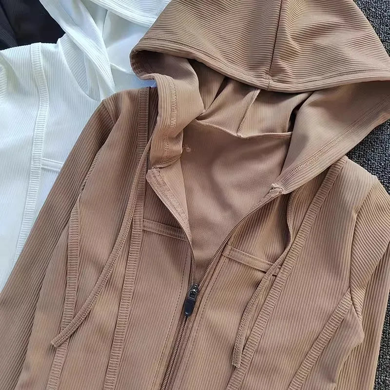 Women’s Cropped Hooded Sports Jacket – Zipper Long Sleeve Activewear