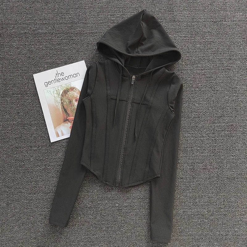 Women’s Cropped Hooded Sports Jacket – Zipper Long Sleeve Activewear