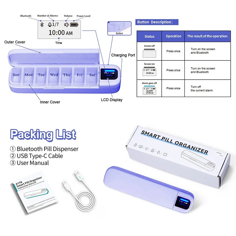 Smart Bluetooth Pill Organizer – Weekly Electronic Medicine Box with Timer and App Reminder