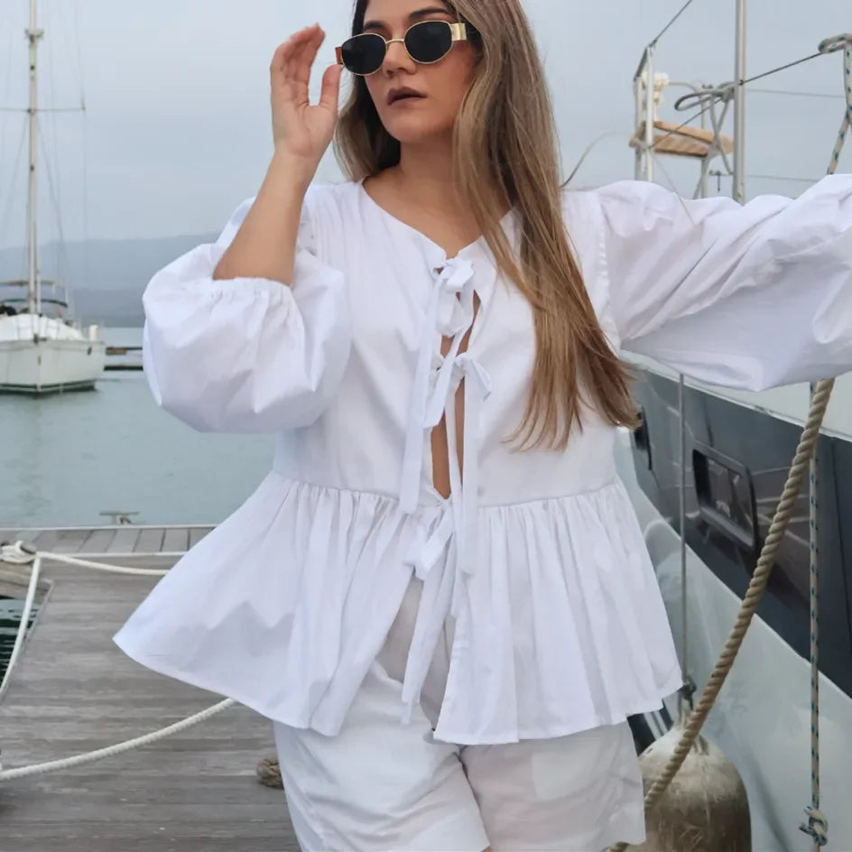 Women Y2K Vintage Gingham 2-Piece Set – Puff Sleeve Babydoll Peplum Top + Shorts