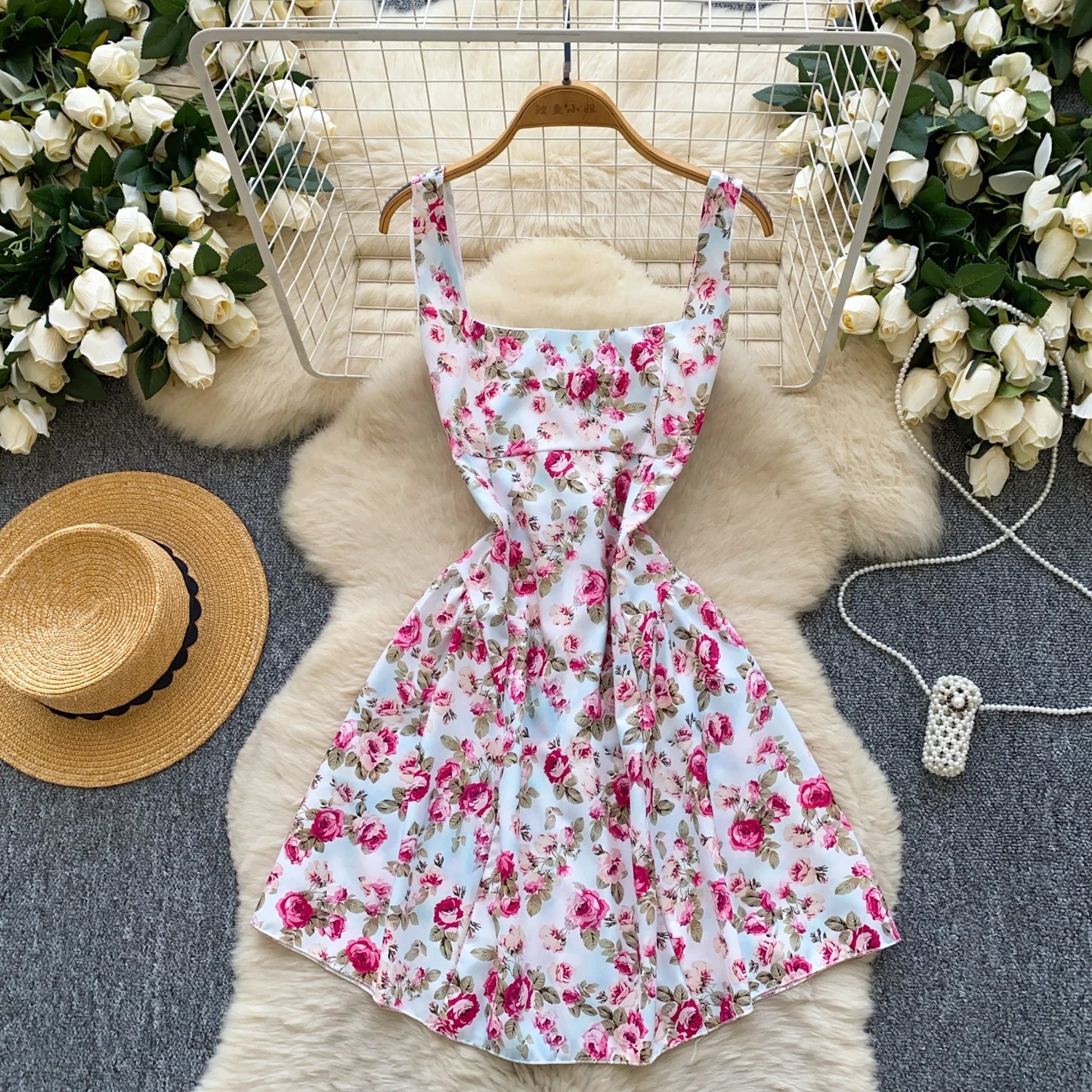 Floral Lace-Up Back Sundress – White with Pink Flowers
