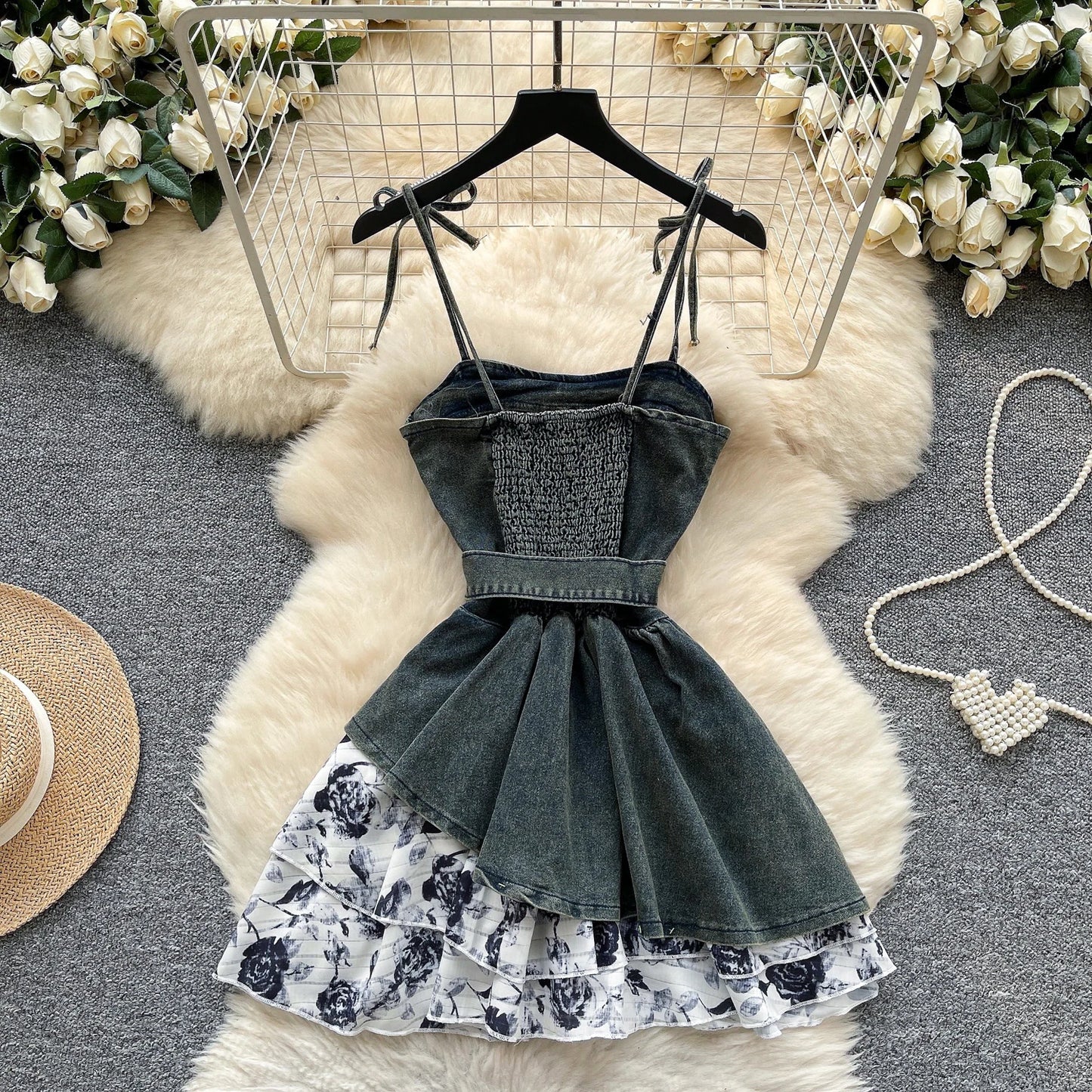 Denim & Floral Splice Sleeveless Sundress with Belt