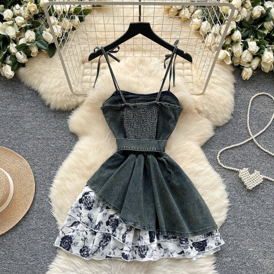 Denim & Floral Splice Sleeveless Sundress with Belt