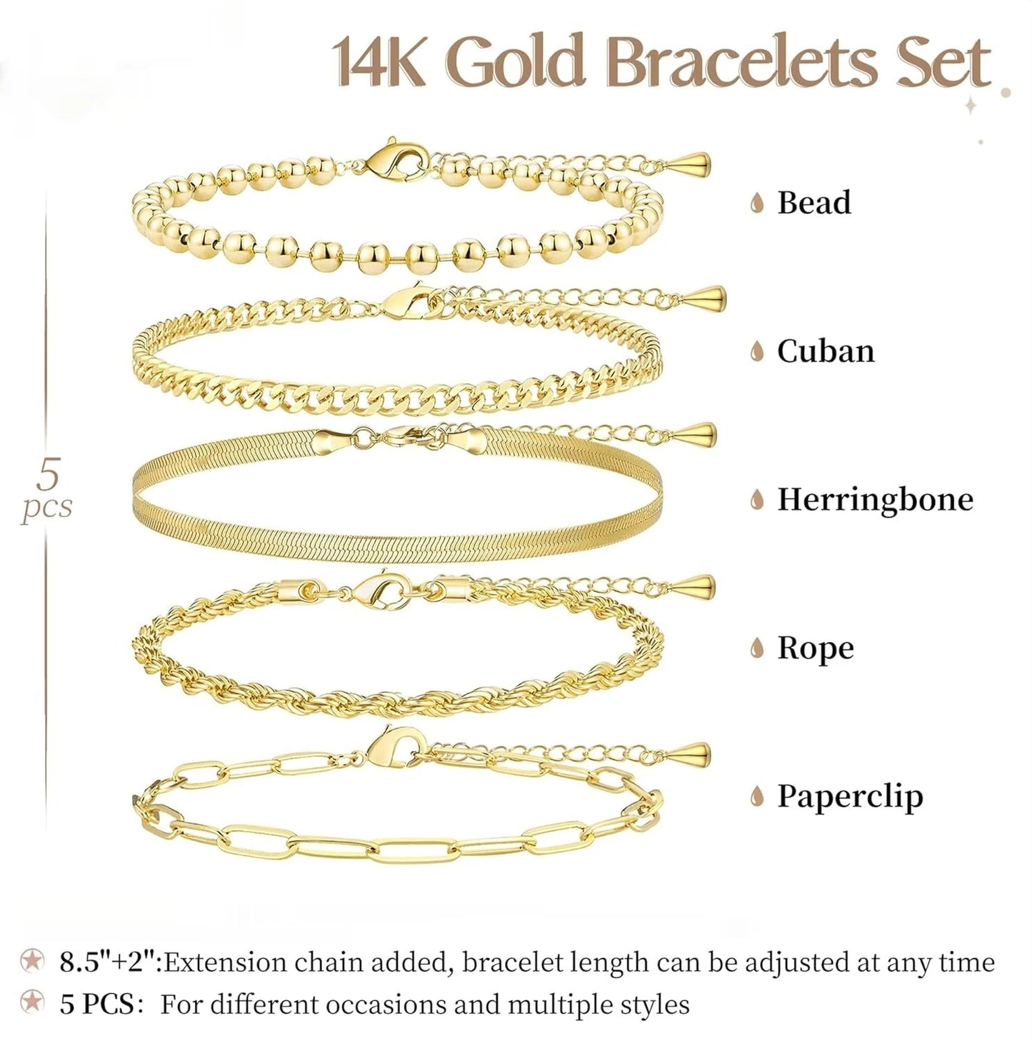 5-Piece Gold Bracelet Set – Layered Chain Styles