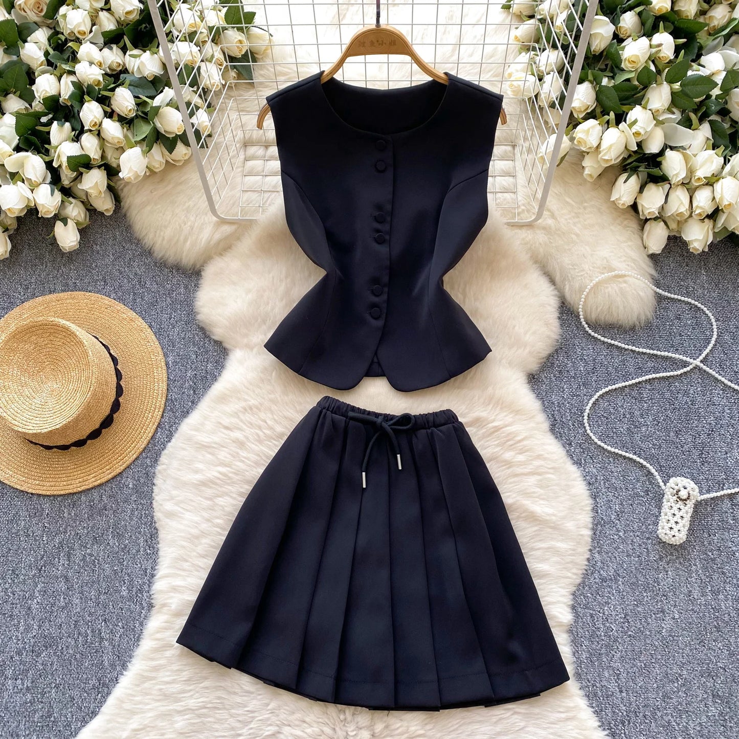 SINGREINY Elegant Solid OL Sets Blouse + Pleated Skirt – Two-Piece Suit