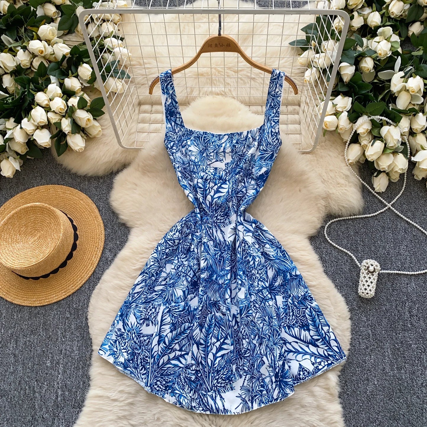 Floral Lace-Up Back Sundress – White with Pink Flowers