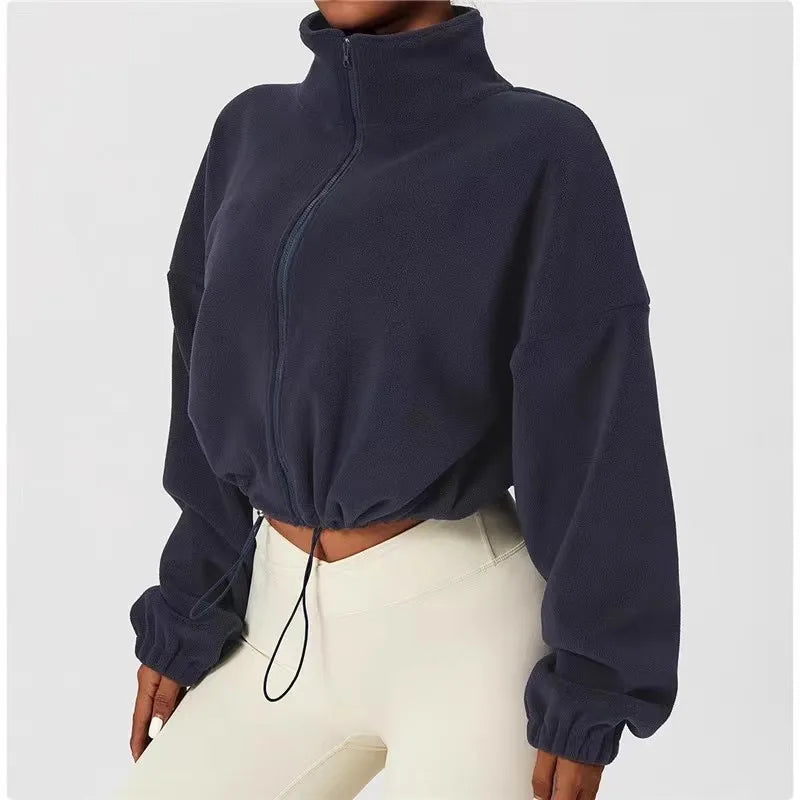 Women’s Fleece-Lined Sports Sweatshirt – Casual Loose Crop Top with Long Sleeves