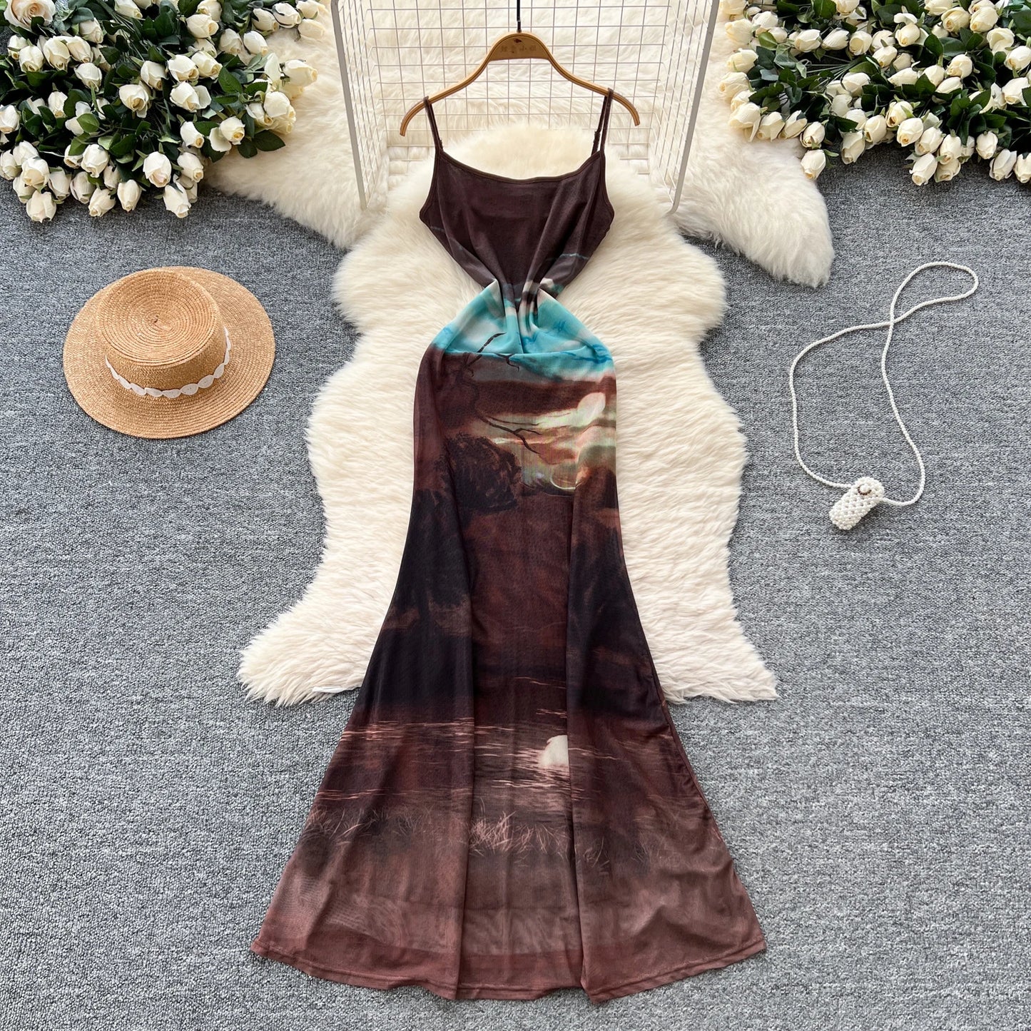 French Print Fishtail Sheath Dress with Spaghetti Straps