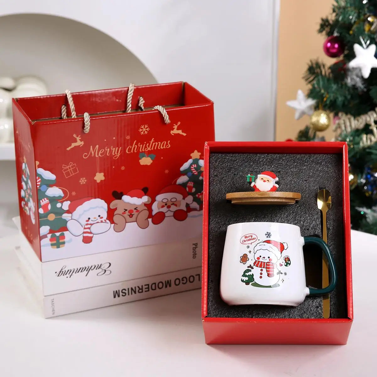 Christmas Ceramic Mug Set with Lid & Spoon – Holiday Edition