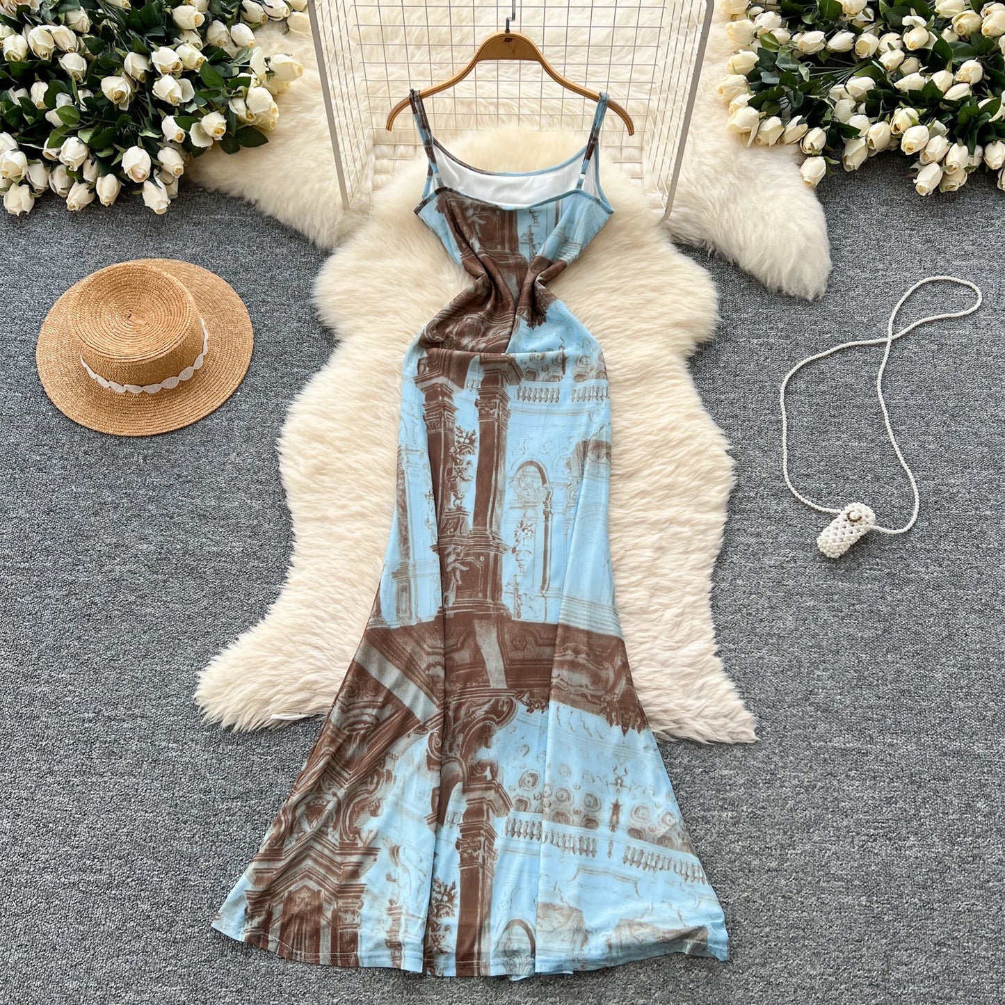 French Print Fishtail Sheath Dress with Spaghetti Straps
