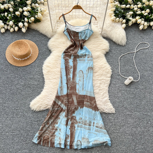 French Print Fishtail Sheath Dress with Spaghetti Straps