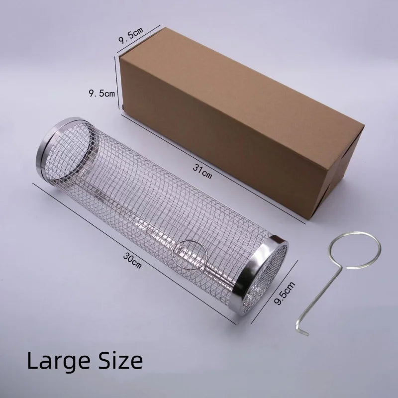 Rotating Stainless Steel BBQ Basket – Mesh Grill Cage for Vegetables, Meat & Fish