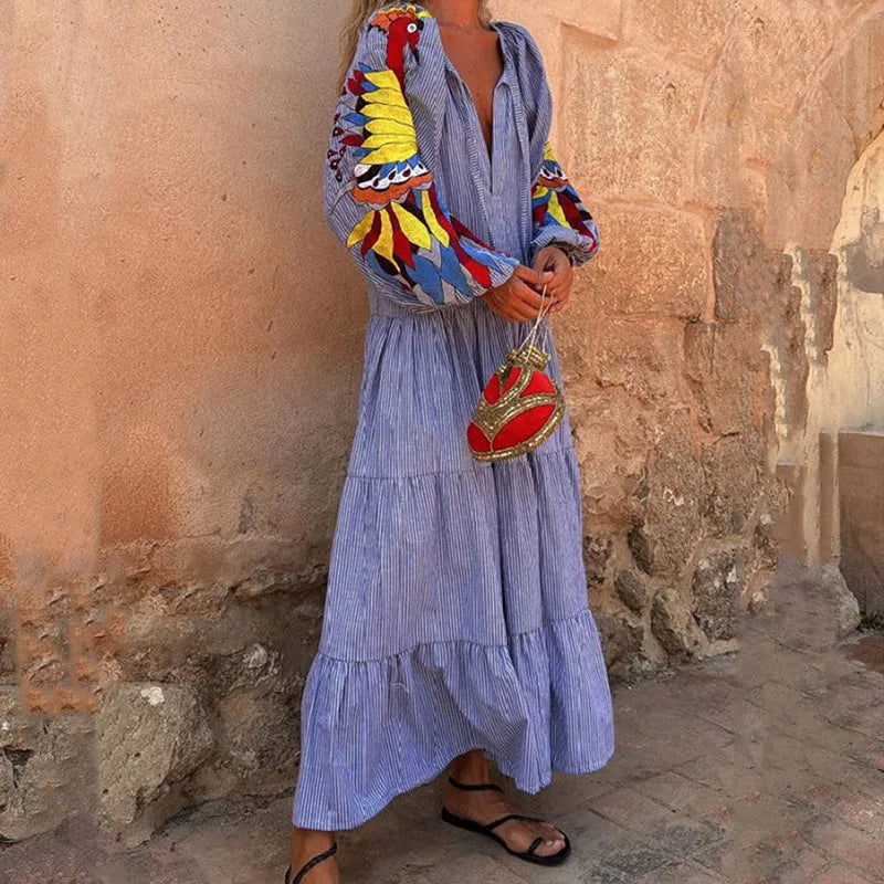 Bohemian Long Lantern Sleeve V-Neck Dress
