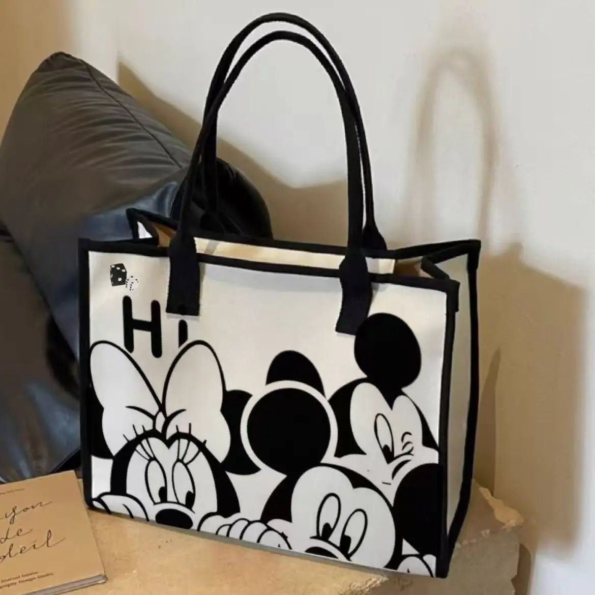 Disney Mickey & Minnie Canvas Tote – Large Capacity Graffiti Style Shoulder Bag for Daily & Student Use