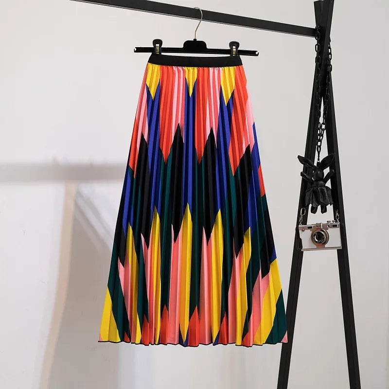 Women’s Cartoon Print Pleated Skirt – High Waist Big Swing Skirt
